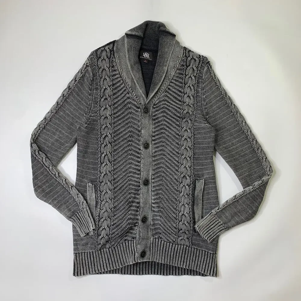Rock & Republic Sweater Mens M Medium Gray Shawl Collar Cable Knit Cardigan
